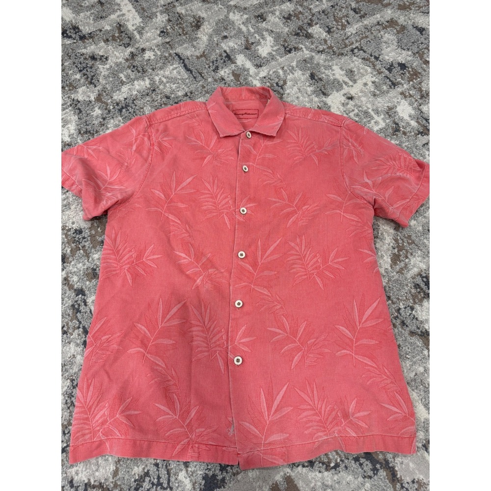 Tommy Bahama Mens Medium 100% Silk Short Sleeve‎ Button Down Shirt Coral Leaf